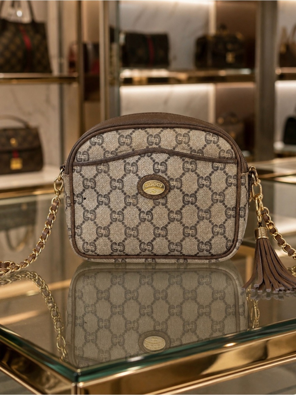 Authentic Gucci Beige/Brown GG Plus Canvas/Leather Crossbody chain-Tassel VG